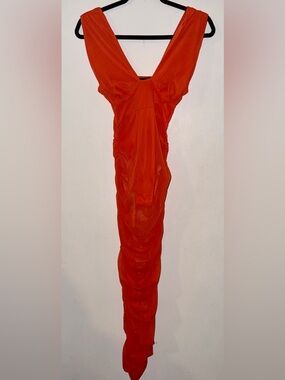 NWT Pretty Little Thing Orange Mesh Under Body Suit Midi Dress Size 4